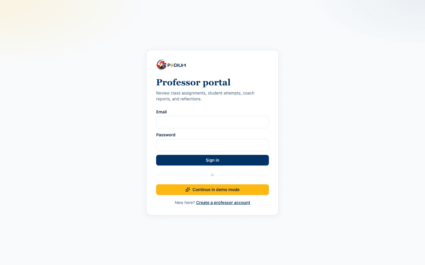 Professor portal login screen