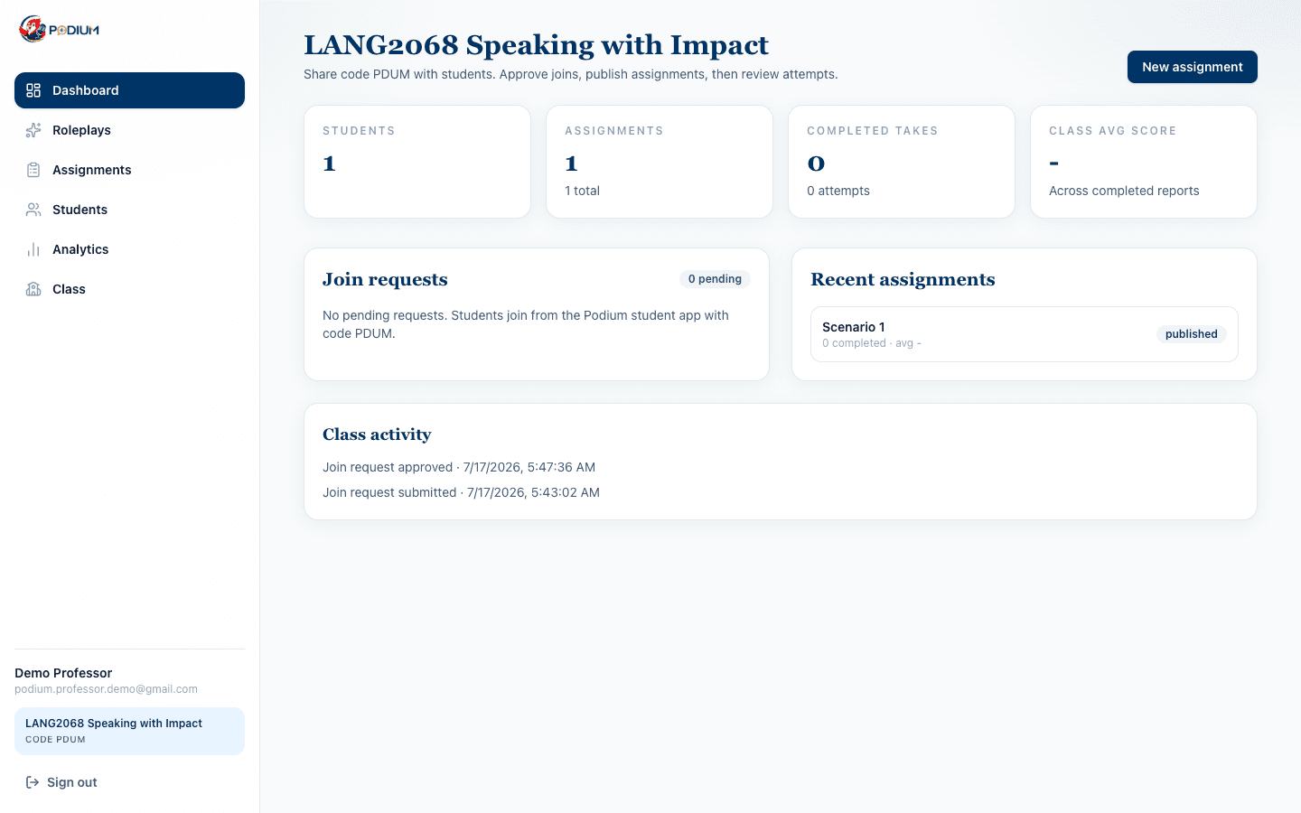 Professor dashboard with class code and stats