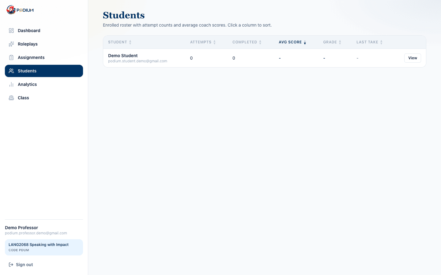 Students list in the professor portal